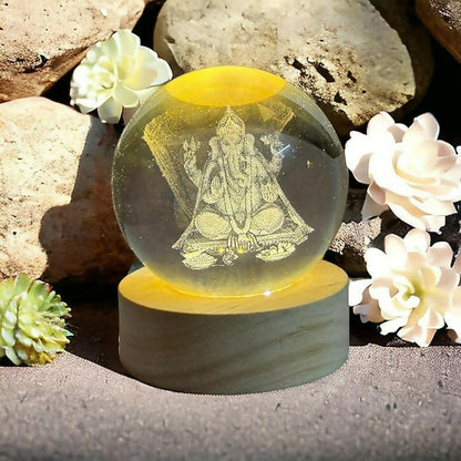 3D Crystal Glass Ball with LED Wooden Base – Engraved Lord Ganesha Decorative Night Light – Spiritual Gift for Home, Mandir, Diwali, Office Desk, and Meditation Décor
