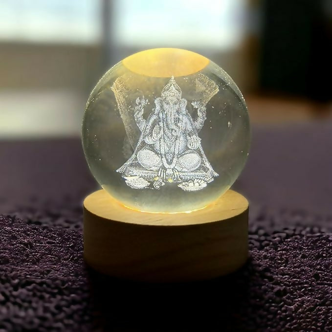 3D Crystal Glass Ball with LED Wooden Base – Engraved Lord Ganesha Decorative Night Light – Spiritual Gift for Home, Mandir, Diwali, Office Desk, and Meditation Décor